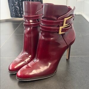 Vince Camuto Deep Red Heeled Boots with Gold Accents